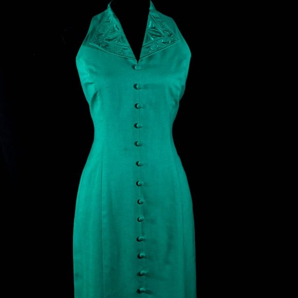 Vintage 1990s Ann Tobias Spring Green Linen Sheath Dress Detail Embroidery - Picture 4 of 12
